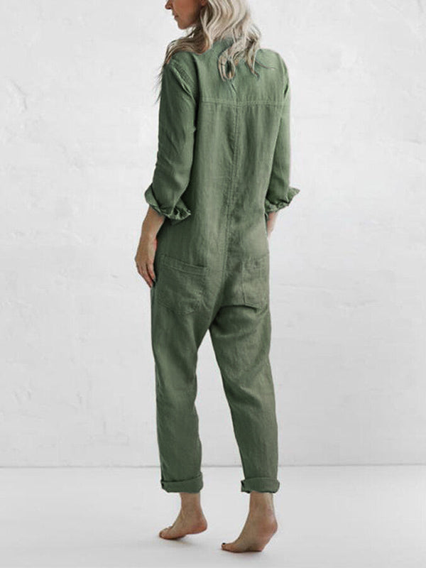 Stylish women's casual long sleeve button-up jumpsuit, perfect for everyday wear or a comfy travel outfit.