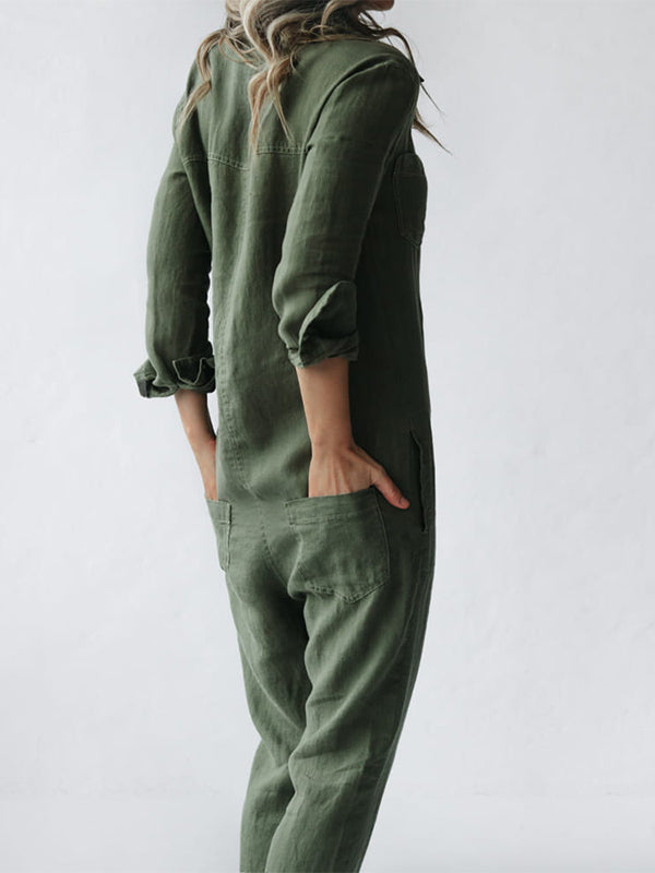 Comfortable women's relaxed fit long sleeve button-up jumpsuit, ideal one-piece for easy, stylish wear.