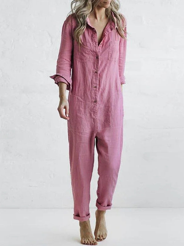 Versatile women's long sleeve button-up jumpsuit. A comfortable, stylish one-piece for casual and travel days.