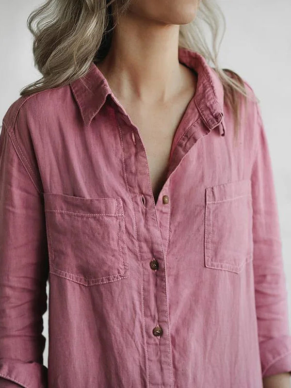 Full body shot of a women's casual long sleeve button-up jumpsuit, showcasing its relaxed fit and stylish design.