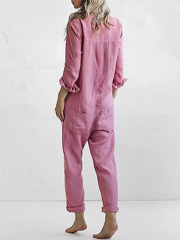 Effortless women's long sleeve button-up jumpsuit for casual outings. This comfortable one-piece is perfect.