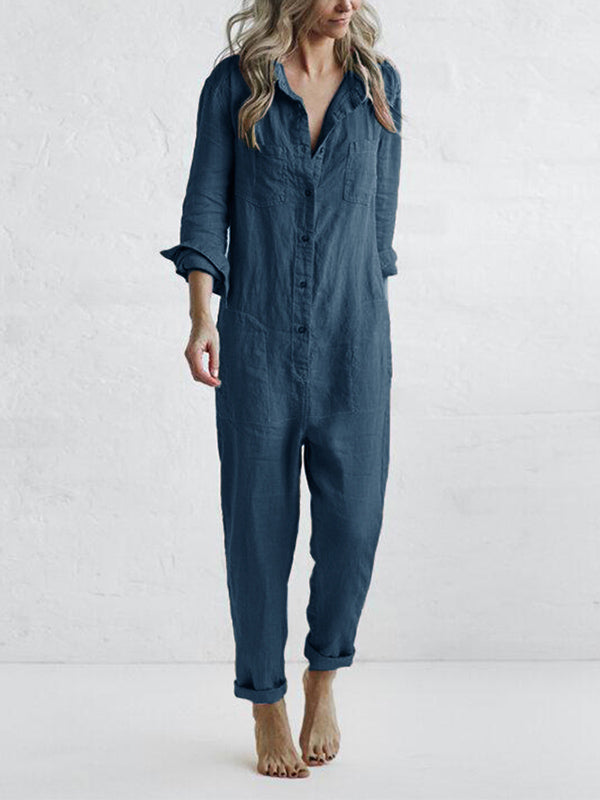Easy-to-wear women's casual long sleeve button-up jumpsuit. A relaxed fit one-piece for stylish simplicity.