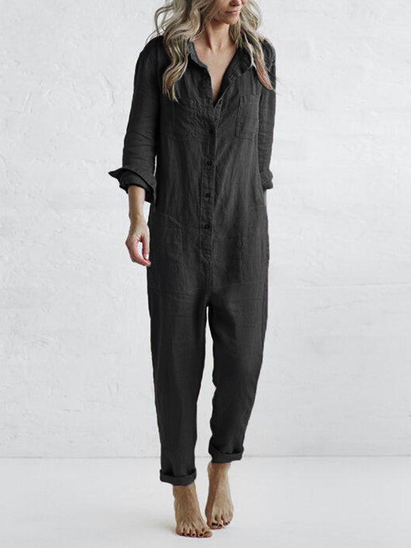 Modern women's casual long sleeve button-up jumpsuit, offering a comfortable, relaxed fit and versatile style.