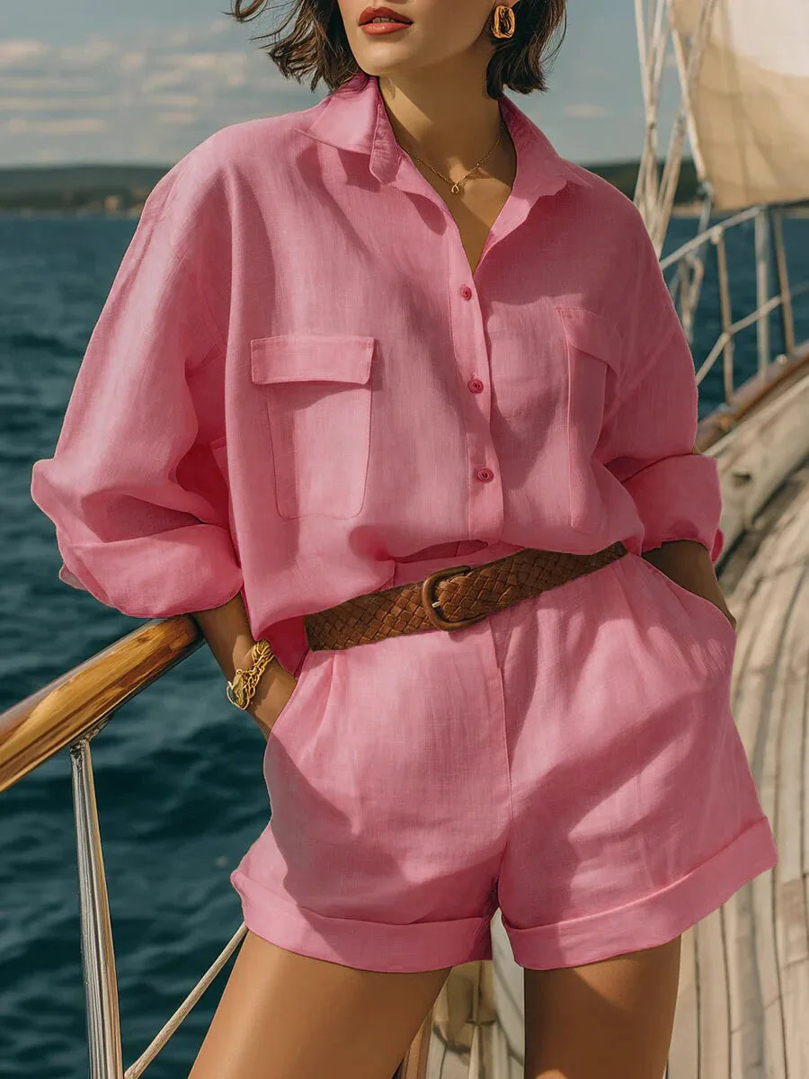 Women's casual long sleeve oversized two-piece matching shorts set. Lightweight summer beach outfit for comfort.