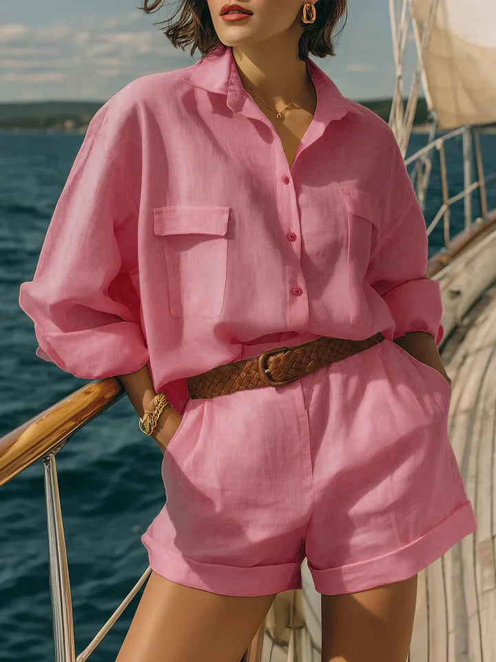 Women's casual long sleeve oversized two-piece matching shorts set. Lightweight summer beach outfit for comfort.
