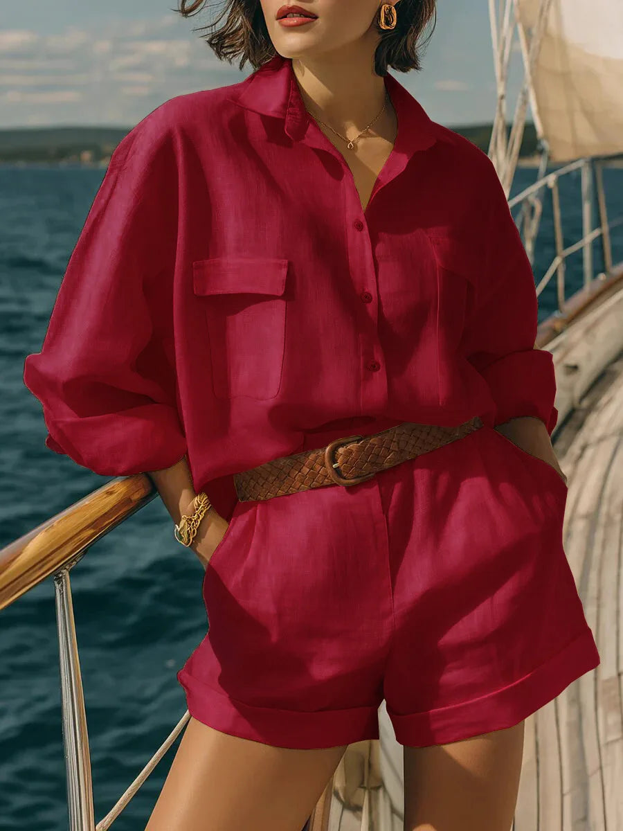Chic women's long sleeve matching shorts set, perfect casual wear or beachwear. Lightweight summer outfit.