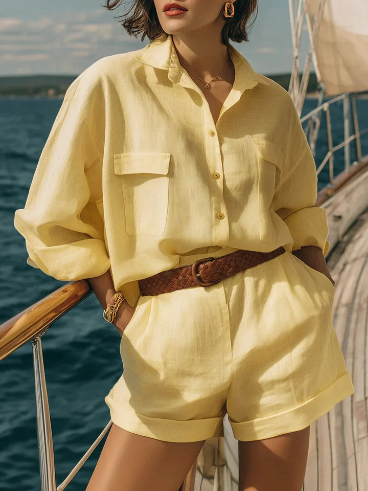 Lightweight women's two-piece set: long sleeve top & matching shorts. Oversized fit, ideal for summer casual outfits.