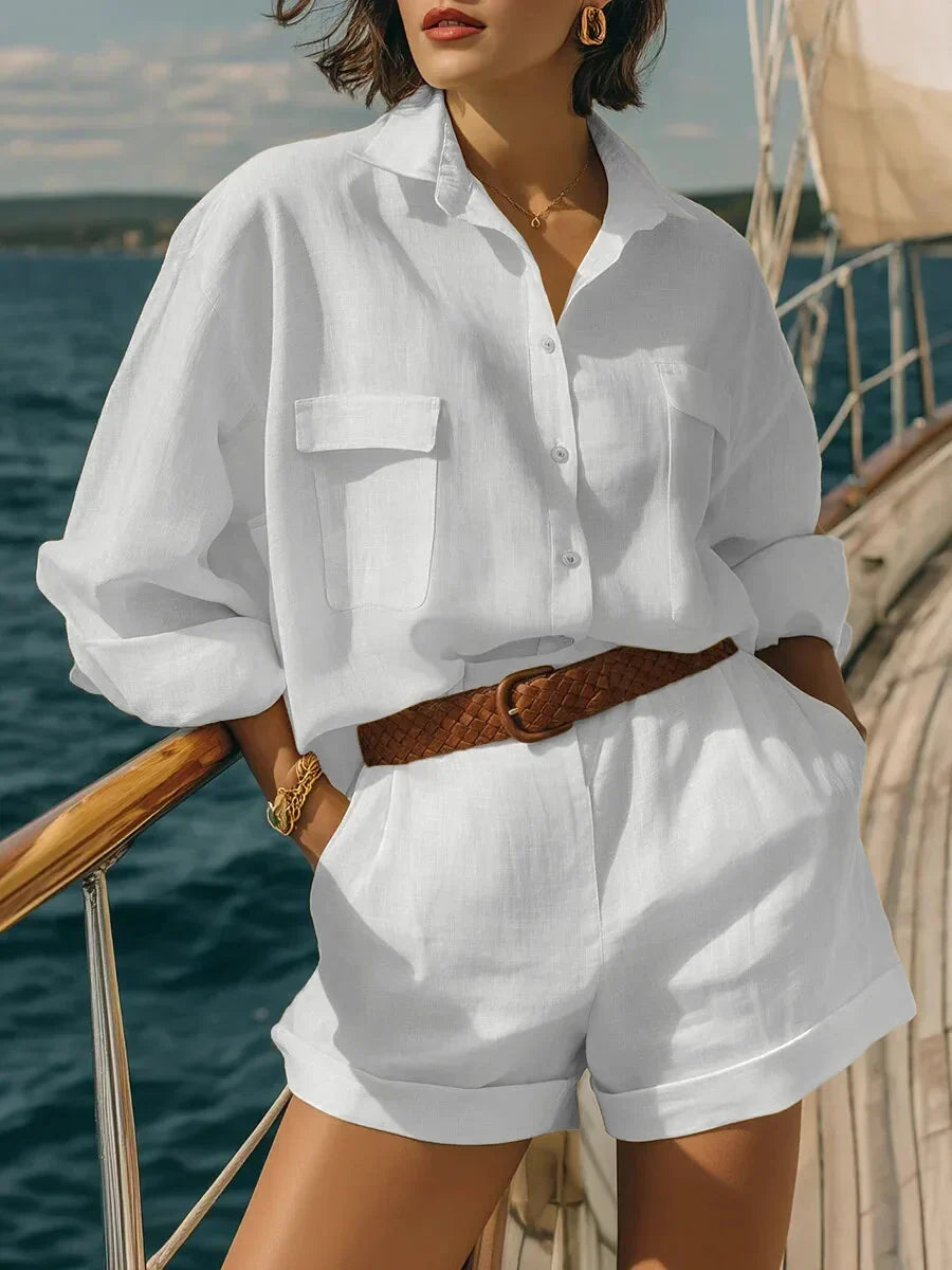 Comfortable women's long sleeve two-piece casual matching set. Oversized shorts set, versatile for beach & everyday.
