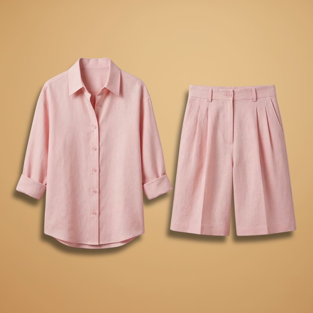Women's casual long sleeve pleated shirt & shorts set. Relaxed fit two-piece for comfortable summer fashion.