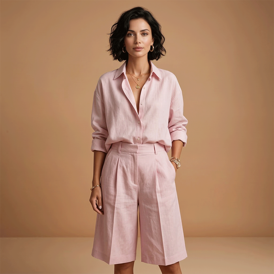 Comfortable women's relaxed fit long sleeve shirt and pleated shorts matching set. Ideal casual travel outfit.