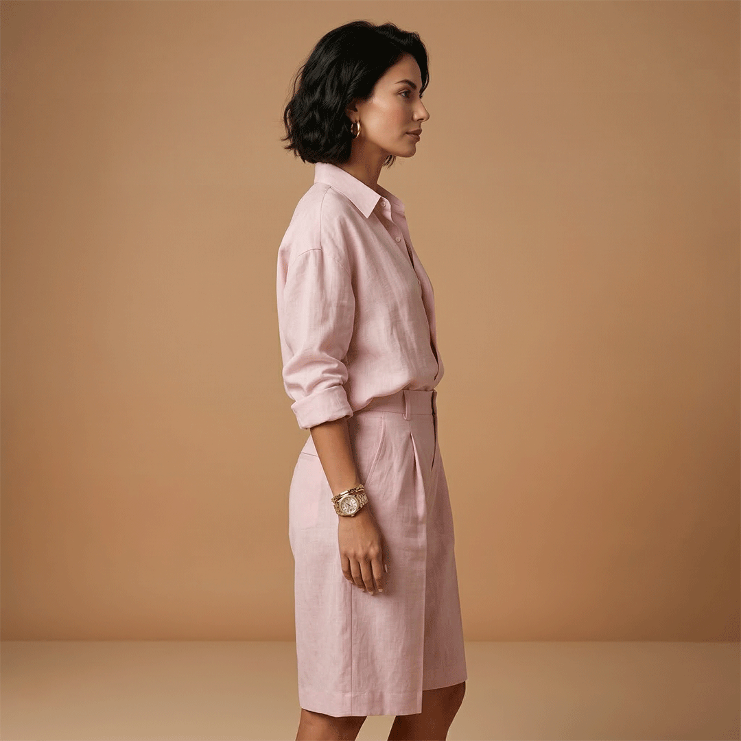 Stylish women's two-piece long sleeve pleated shirt & shorts set. Perfect for summer fashion & relaxed wear.