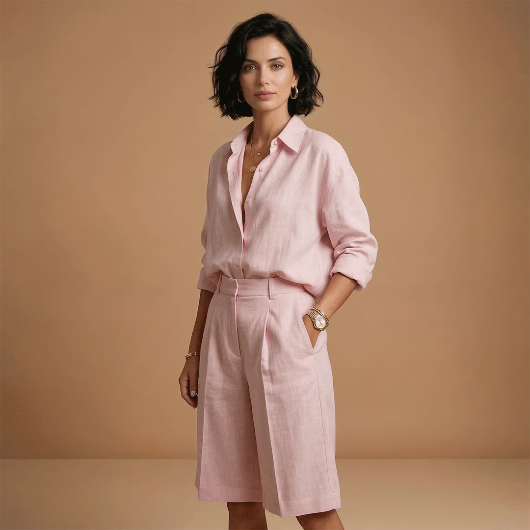 Women's long sleeve pleated shirt and matching shorts set. Relaxed fit for comfortable everyday casual clothing.