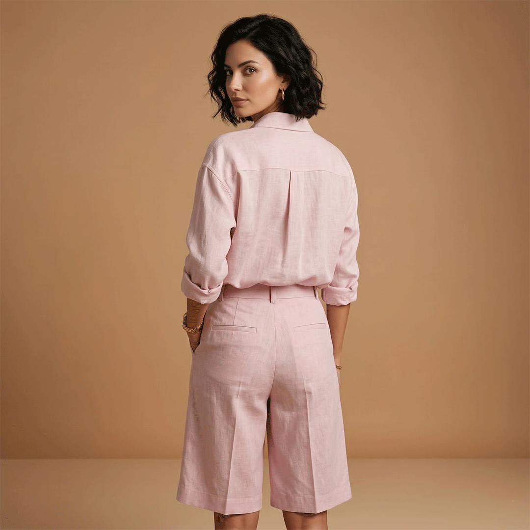 Summer fashion women's casual long sleeve shirt & pleated shorts set. A comfortable travel outfit two-piece.