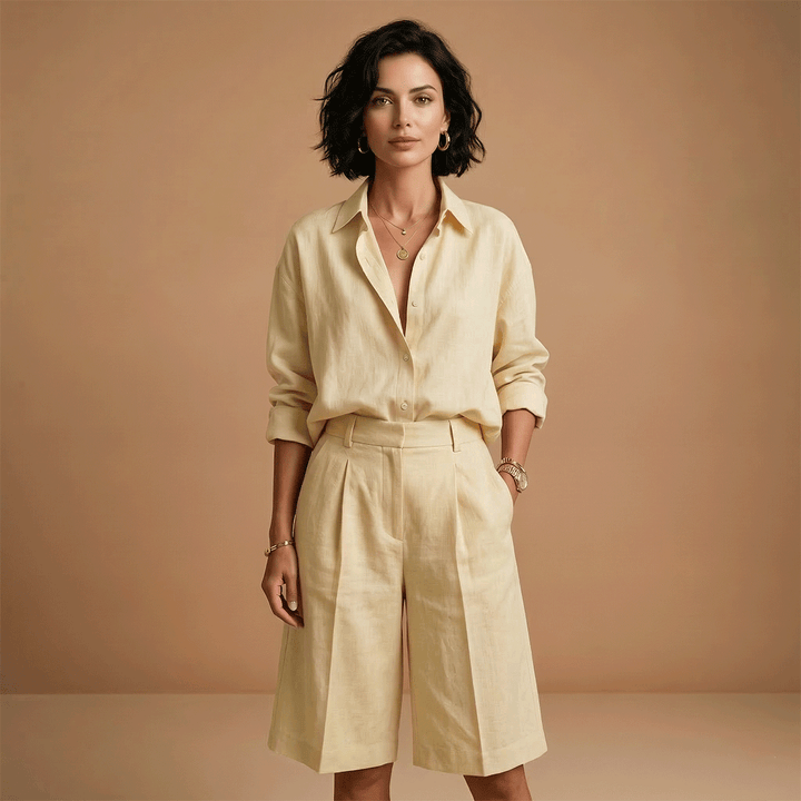 Versatile women's casual shirt & shorts set. Long sleeve pleated two-piece for relaxed summer fashion.