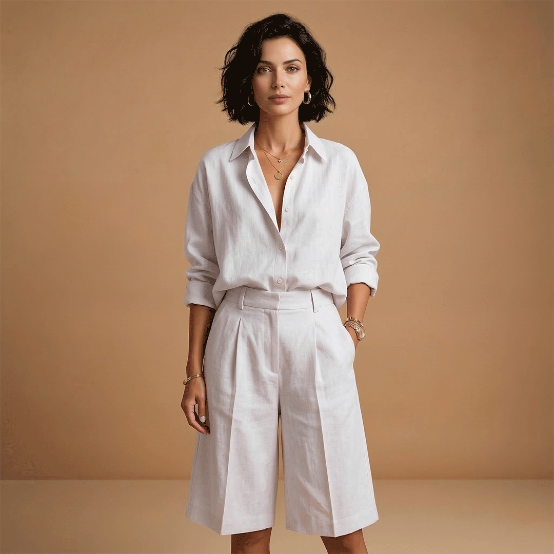 Elegant women's pleated long sleeve shirt & shorts set. Relaxed fit two-piece, perfect for a stylish casual look.