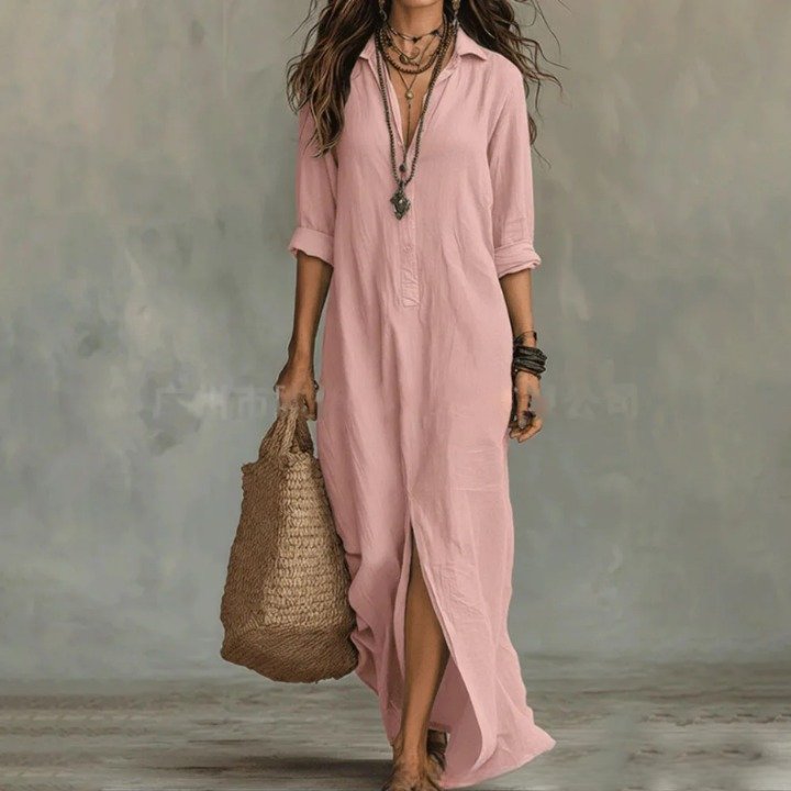 Women's 3/4 sleeve maxi shirt dress with elegant side split. Loose fit for casual comfort.