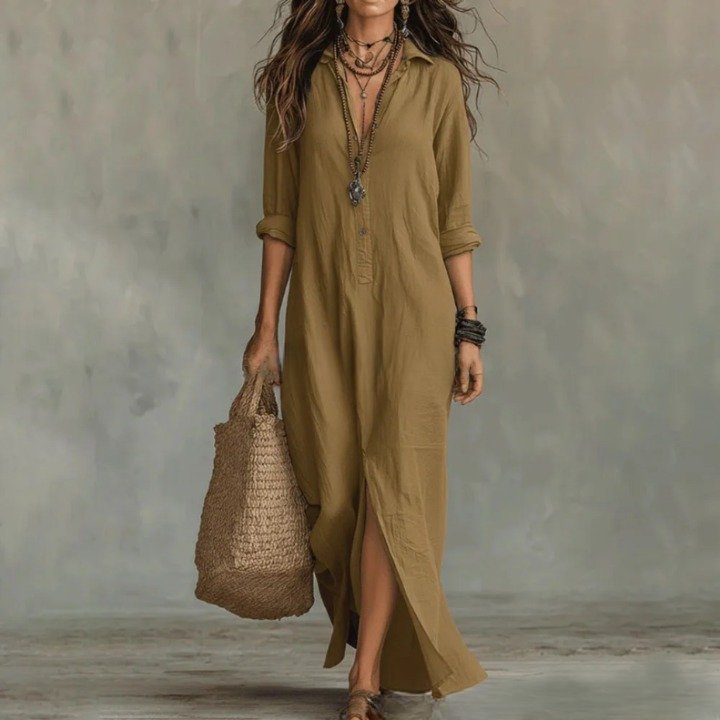 Chic casual women's maxi shirt dress, 3/4 sleeve. Loose fit & stylish side split for everyday.