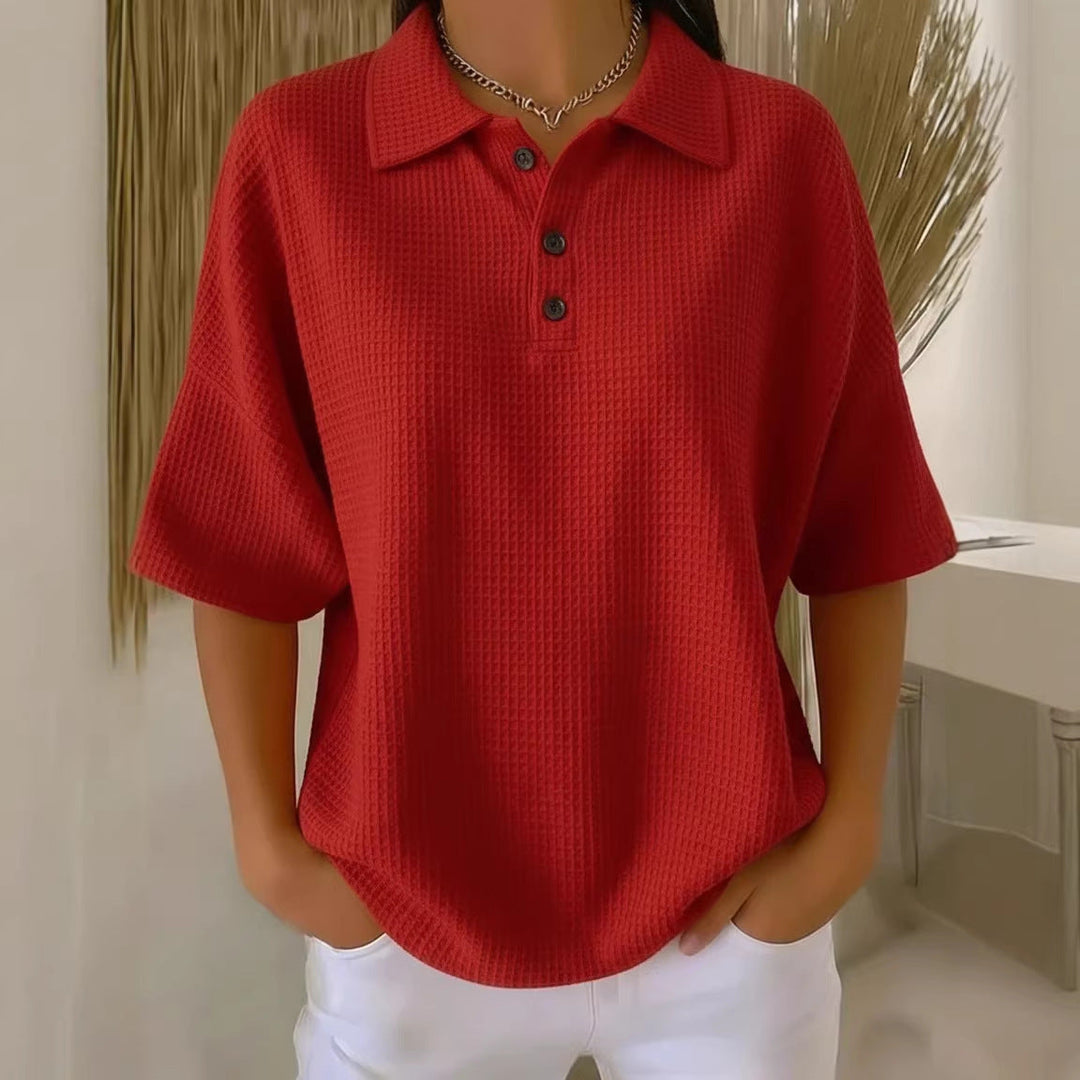 Lightweight women's short sleeve polo blouse. Loose fit, casual and chic for daily wear.