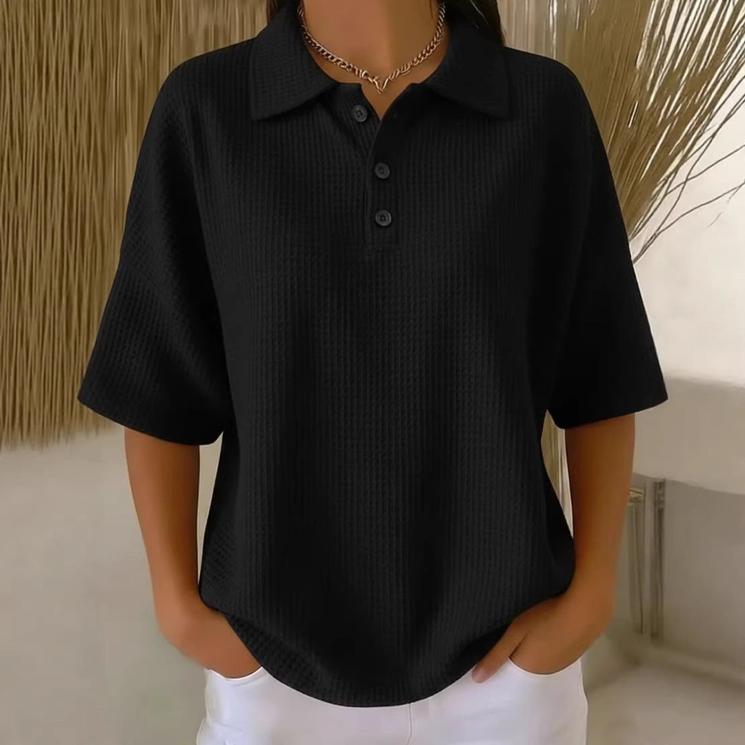 Casual women's polo neck blouse with a relaxed loose fit & short sleeves. A comfy summer top.