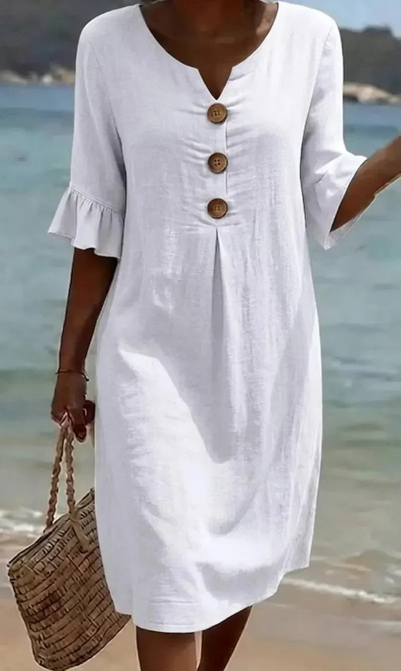 Women's casual ruffle sleeve button-front midi dress. Perfect for summer, vacation, and everyday wear.