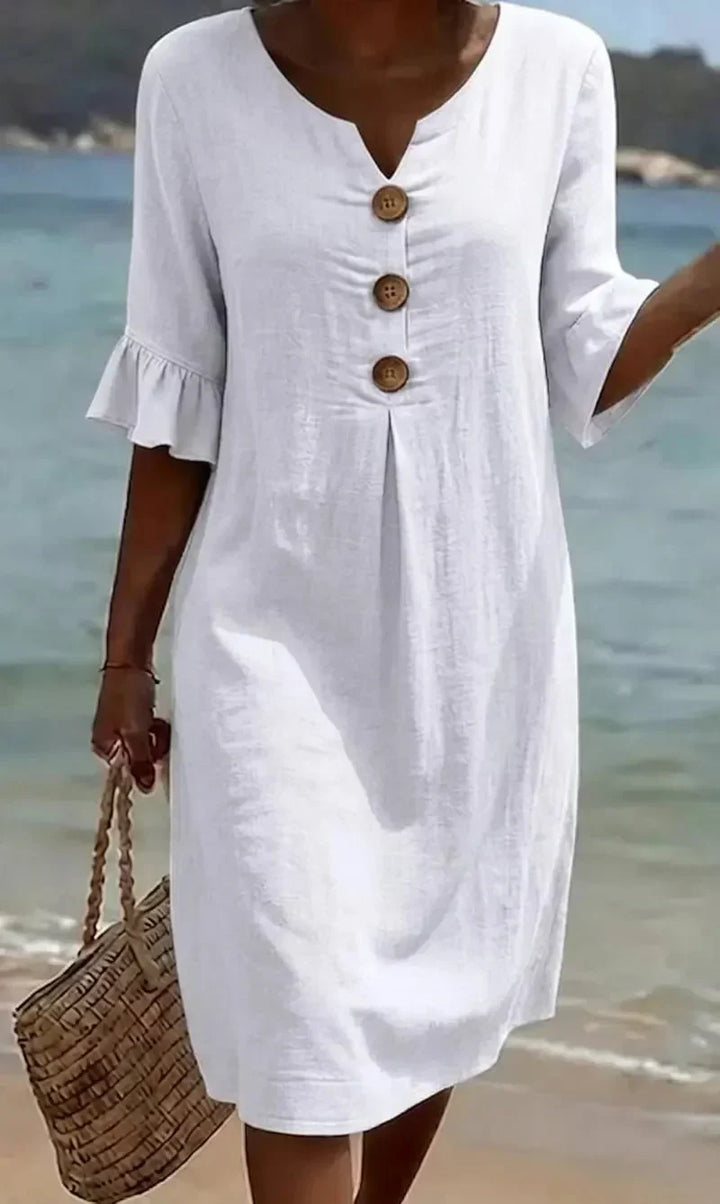 Women's casual ruffle sleeve button-front midi dress. Perfect for summer, vacation, and everyday wear.