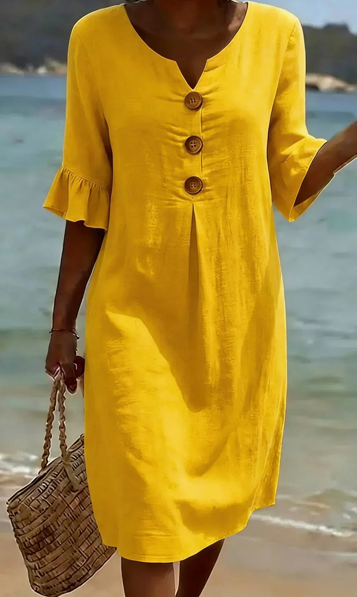 Women's casual ruffle sleeve button-front midi dress, perfect for everyday wear, summer outings, and beach trips.