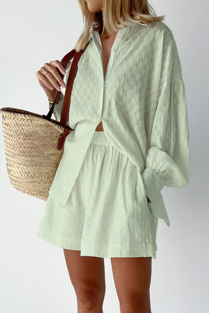 Lightweight women's shirt & short set, ideal for warm weather and relaxed fashion.