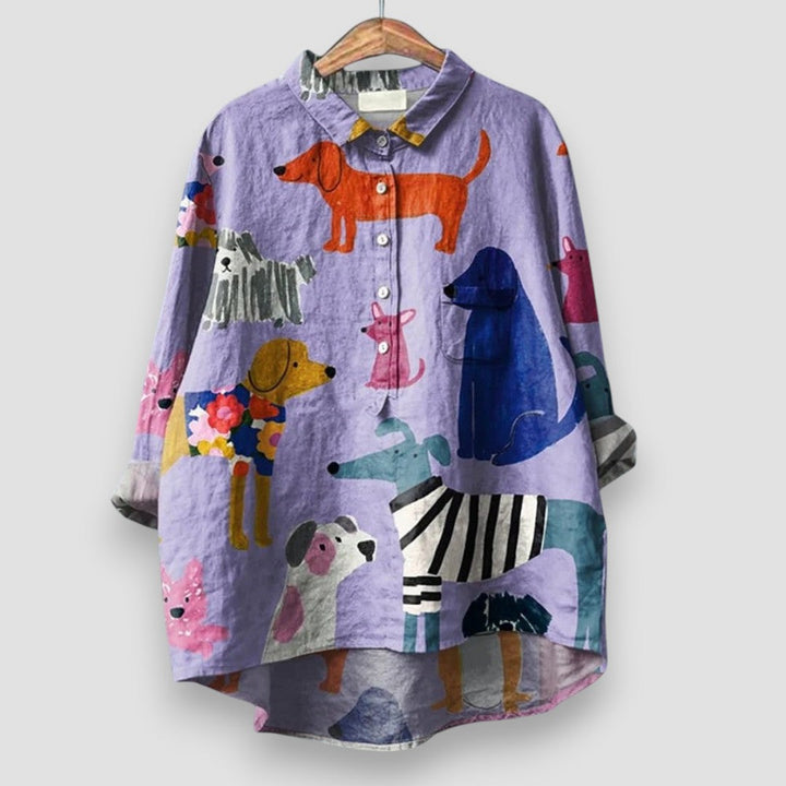 Women's casual short sleeve shirt with a playful dog print, relaxed fit for summer comfort.