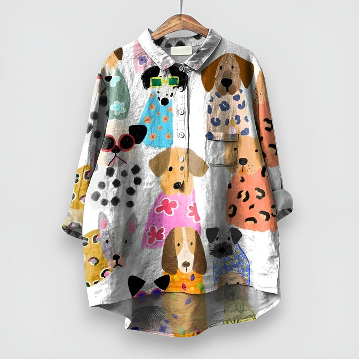 Comfortable women's relaxed fit top, short sleeve, featuring a unique dog print for casual summer style.