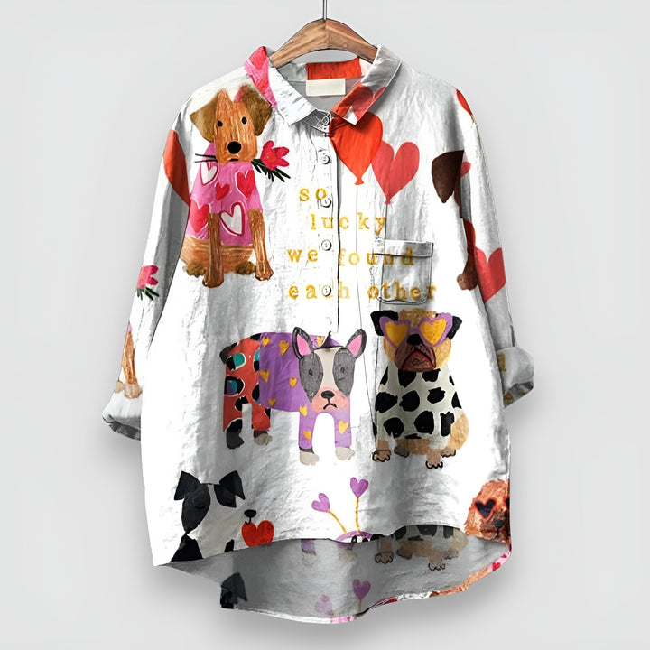 Women's relaxed fit short sleeve shirt with a fun dog print. Casual summer top, comfortable and unique.