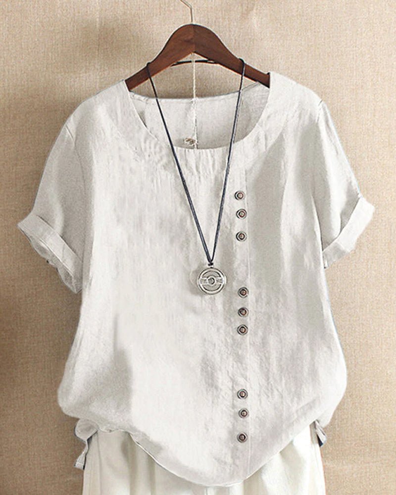 Relaxed fit women's short sleeve button-front top, ideal for spring outfits & versatile summer style.