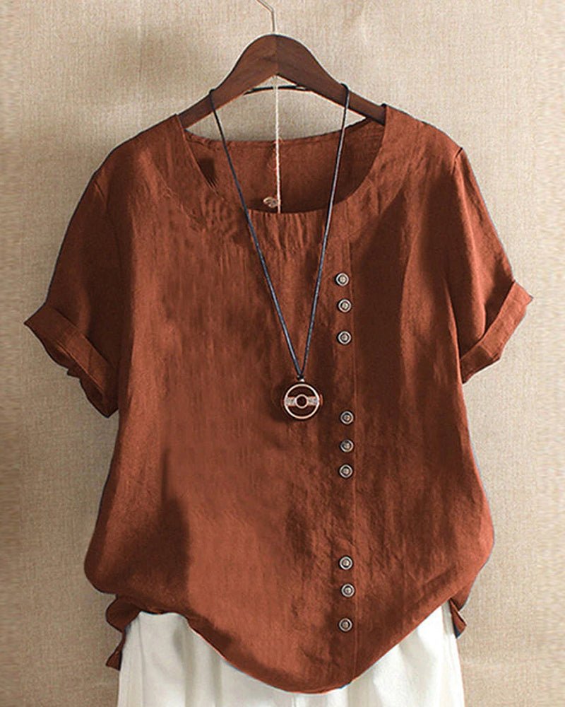 Versatile women's casual button-front top with short sleeves. Great for everyday wear & spring/summer.