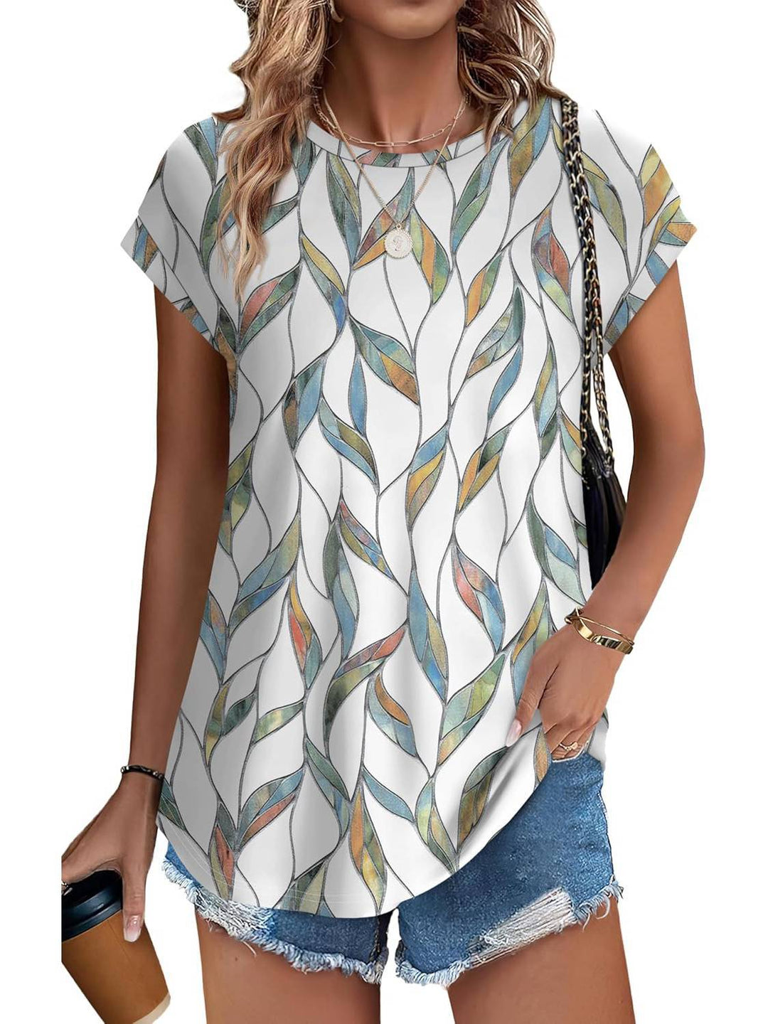 Women's casual short sleeve top with green leaf print & crew neck. Perfect for summer fashion.
