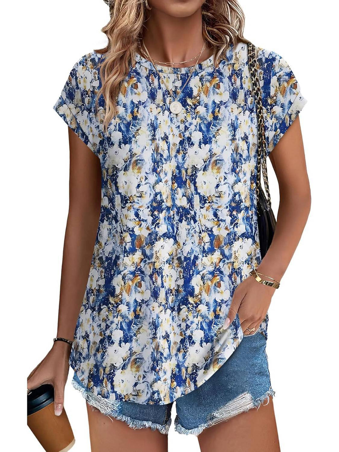 Versatile women's leaf print top with crew neck, suitable for casual everyday spring wear.