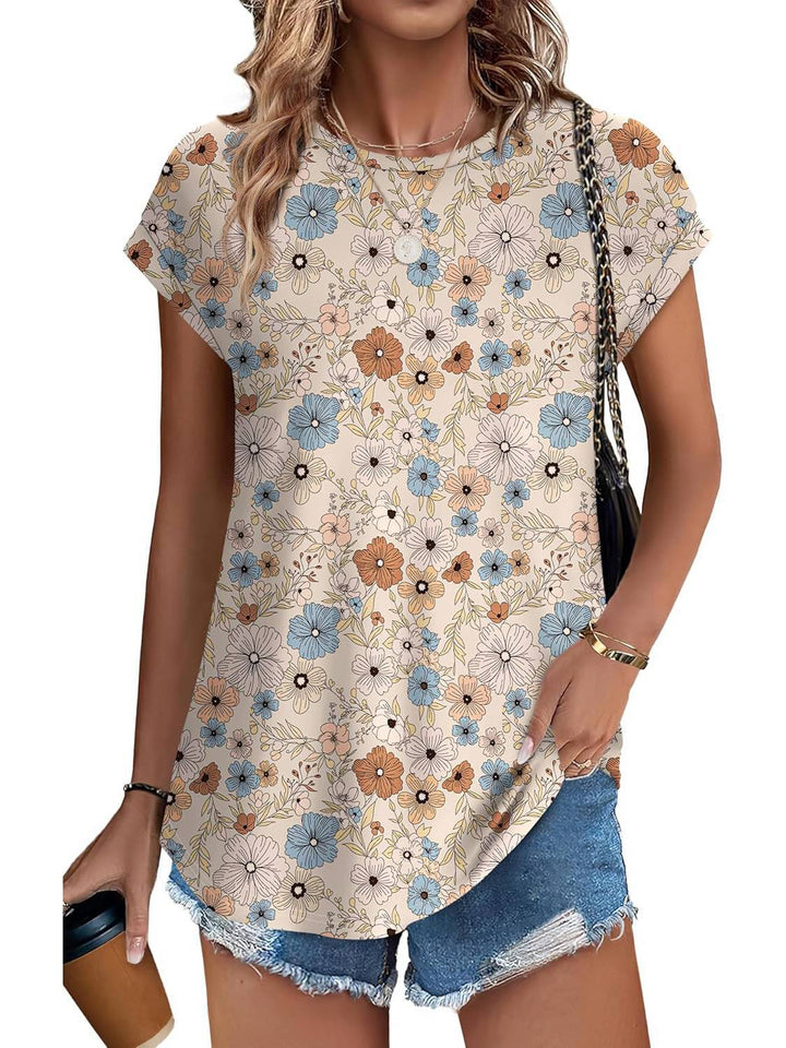 Fashionable women's short sleeve leaf print top with a classic crew neck. Comfortable & chic.