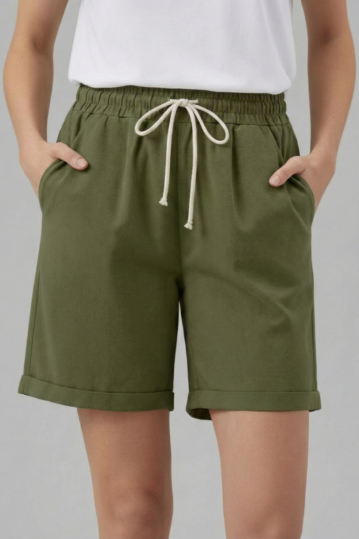 Comfy women's cuffed shorts, relaxed fit, ideal for warm weather everyday style.