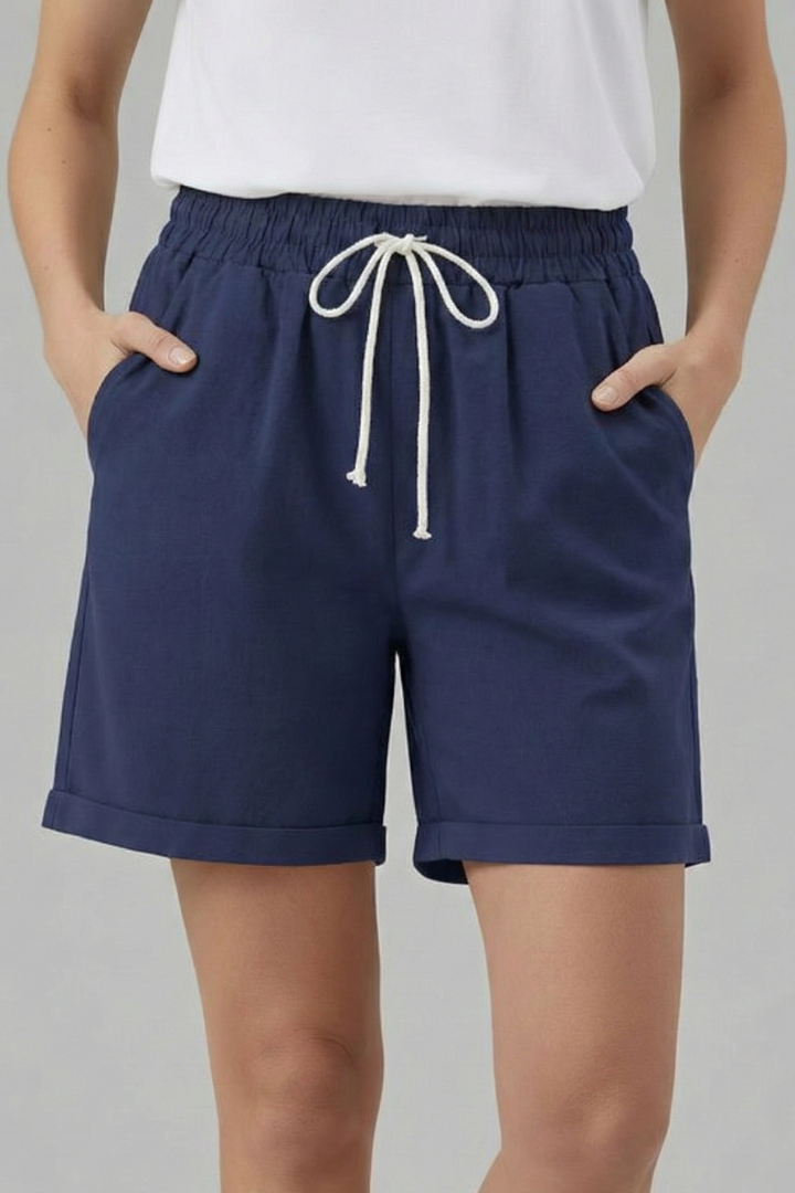 Women's summer casual shorts, drawstring waist, cuffed hem, perfect for relaxing.