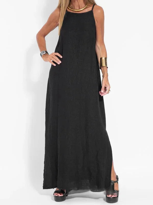 Versatile women's sleeveless maxi dress with a side slit, perfect for vacation, beach, or daily wear.