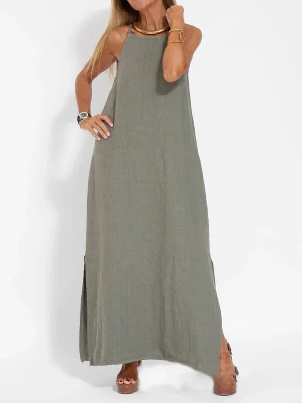 Flowy solid color sleeveless maxi dress for women, offering a comfortable, relaxed fit & everyday style.