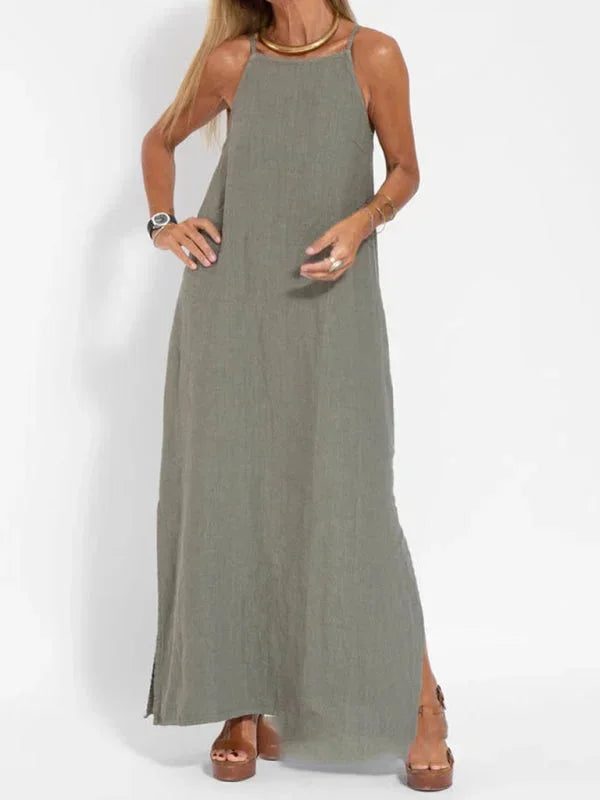 Comfortable women's sleeveless casual maxi dress, with a stylish side slit, perfect for warm weather.