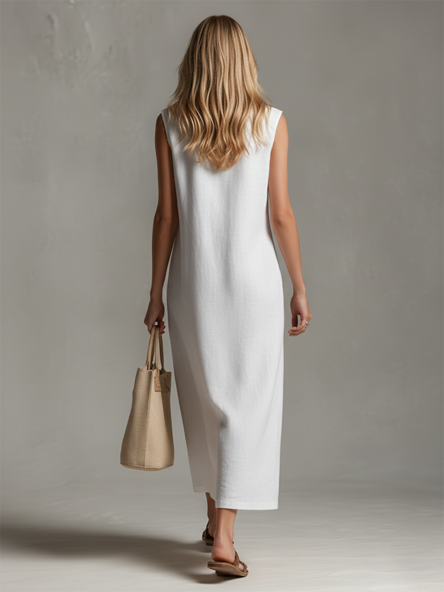 Elegant women's sleeveless midi dress, stand-up collar & subtle zipper. Versatile for spring & summer occasions.