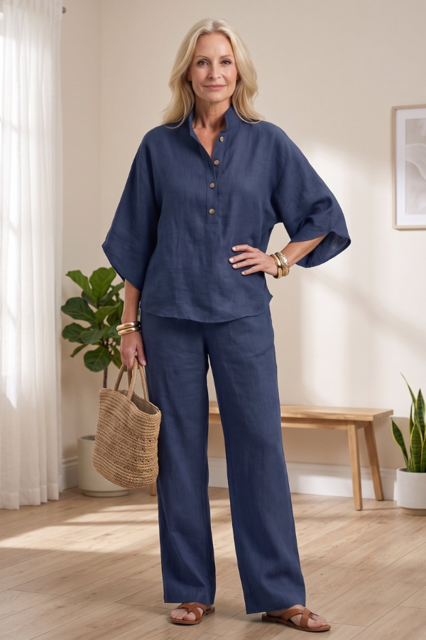 Stylish women's two-piece outfit, designed for comfort and versatility in a casual summer style.