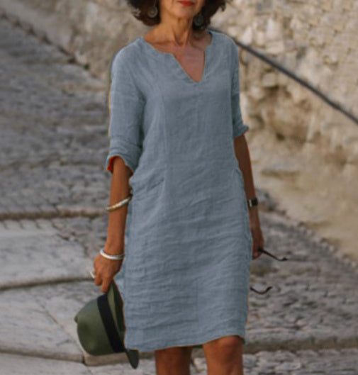 Effortless everyday V-neck midi dress for women, offering a comfortable and relaxed casual fit.