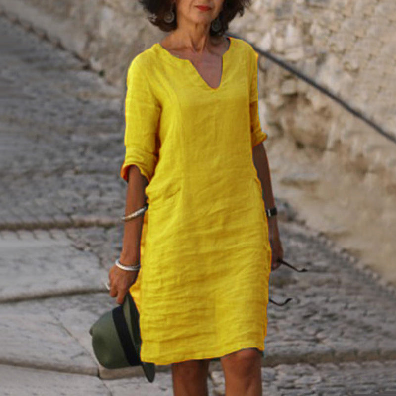 Women's Casual V-Neck Midi Dress, a relaxed fit style offering ultimate comfort and versatility.