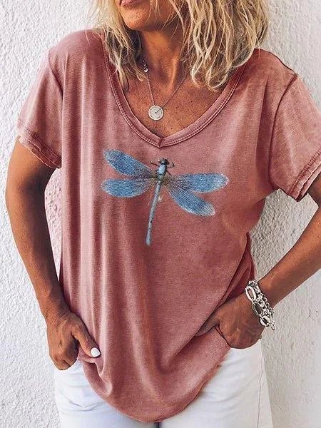 Women's casual V-neck tee with elegant dragonfly print & short sleeves, perfect for summer.