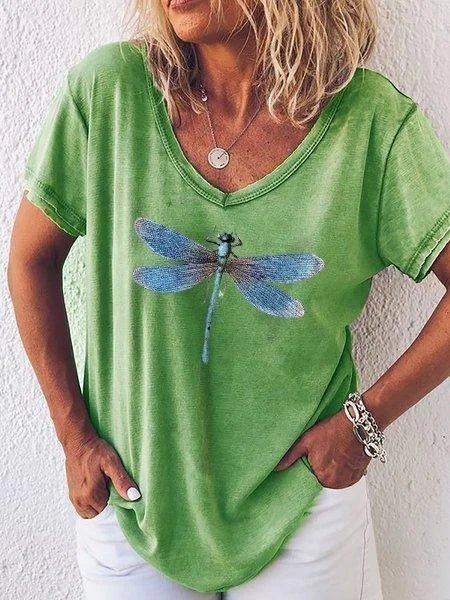 Relaxed fit women's V-neck t-shirt featuring a unique dragonfly print, ideal for spring & everyday wear.