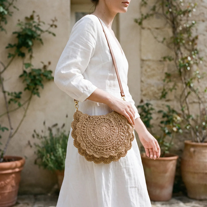 Women's casual woven crossbody bag in beige, perfect for everyday use. Features versatile vintage style & textured design.