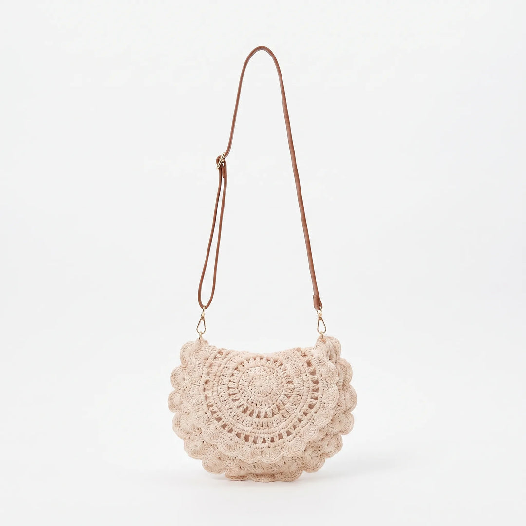 Stylish women's khaki woven crossbody bag. This versatile saddle bag offers a casual, textured vintage look.