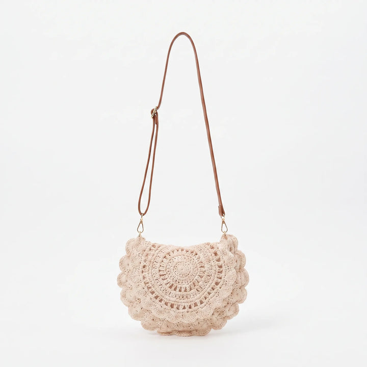 Stylish women's khaki woven crossbody bag. This versatile saddle bag offers a casual, textured vintage look.