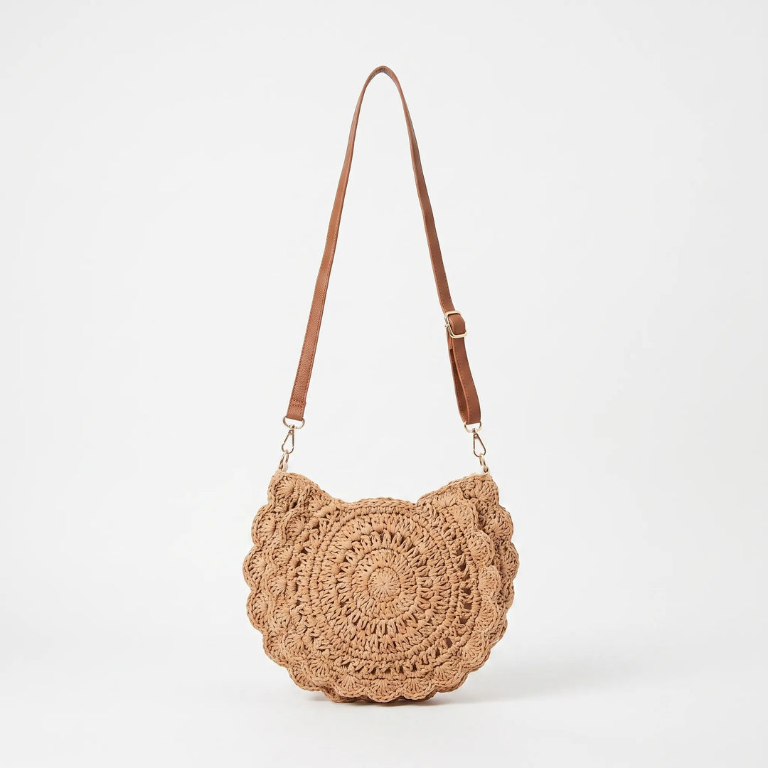 Casual women's woven crossbody bag in a beige/khaki shade. Features a textured, vintage-style design for everyday versatility.